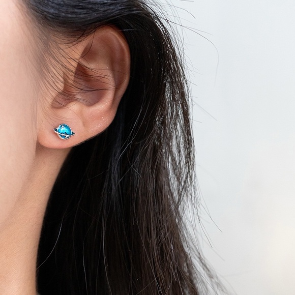 S925 planet Earth Star Studs Earrings-Blue Earrings- SS020 - Picture 3 of 9